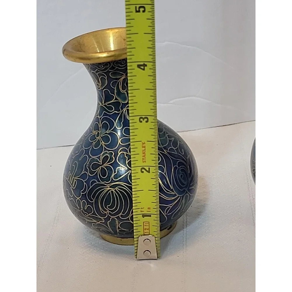 Pair Vintage Chinese Cloisonne Brass Vases Multi ‎ Color Blue And Gold Swirl